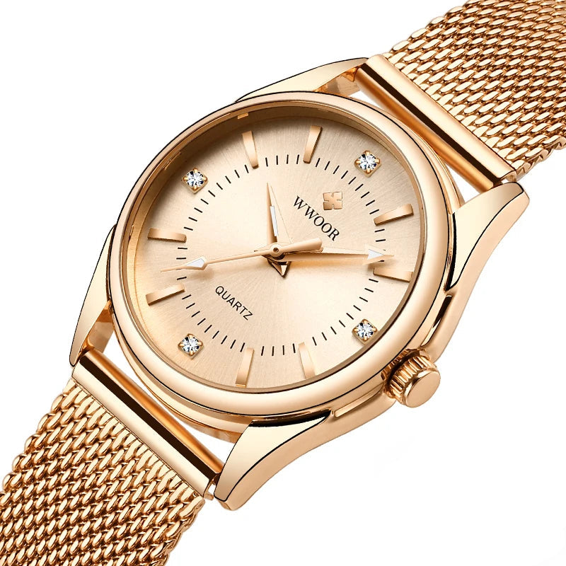 Relógio Feminino Dourado Wwoor com Pulseira de Aço Inoxidável