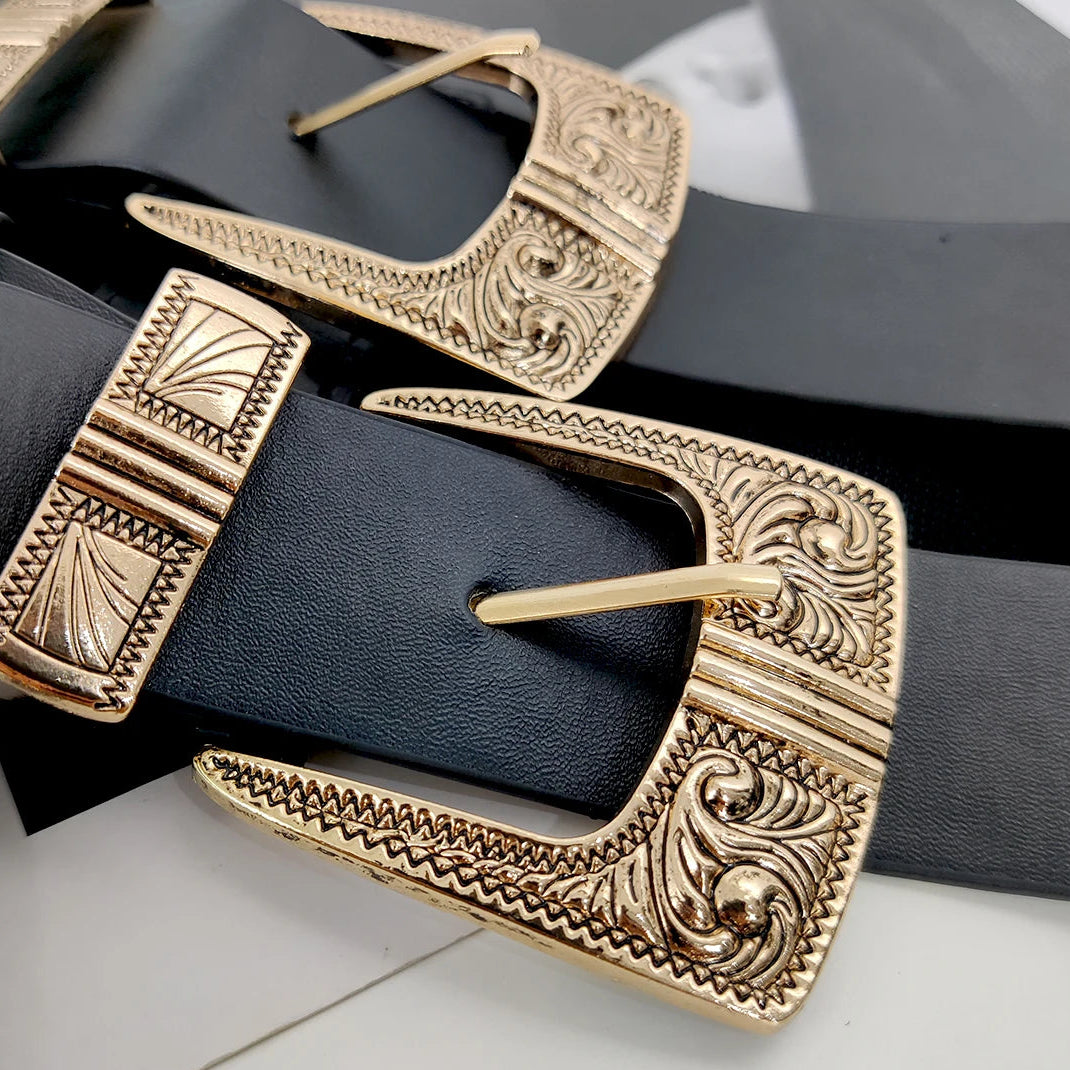 Cinto Feminino Duplo Preto com Fivelas Douradas