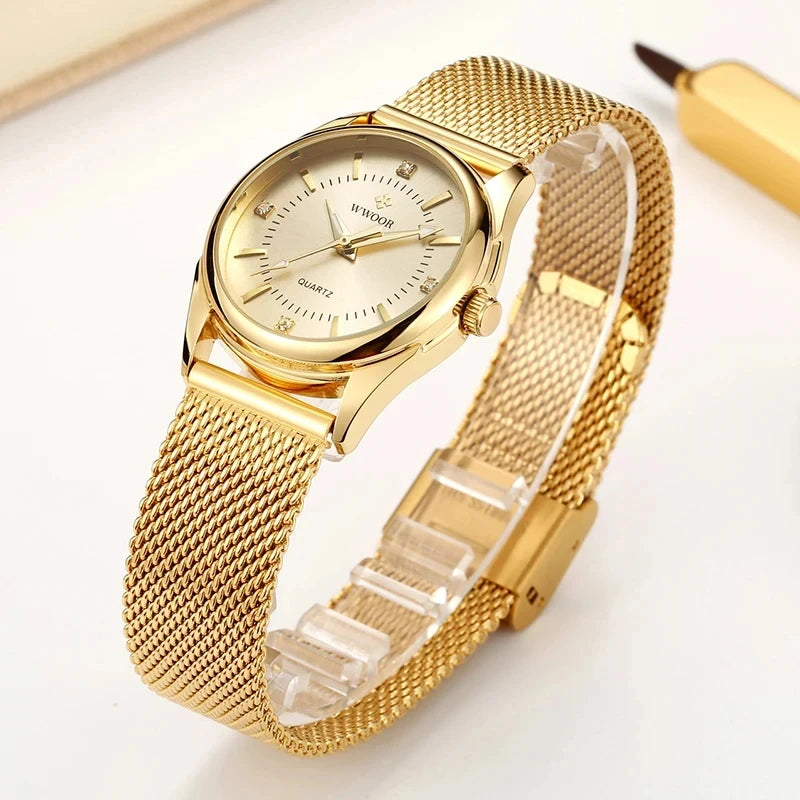 Relógio Feminino Dourado Wwoor com Pulseira de Aço Inoxidável