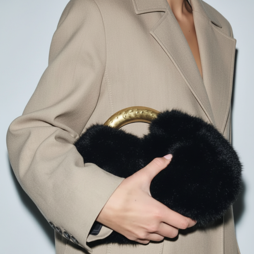 Bolsa Feminina de Pelúcia Preta com Alça Dourada
