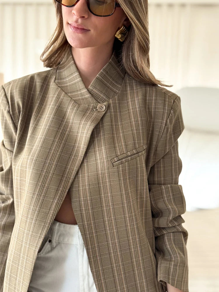 Blazer Feminino Xadrez de Alfaiataria Gola Elegante