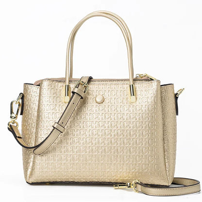 Bolsa Feminina Estruturada em Couro de Mão e Transversal Dourada