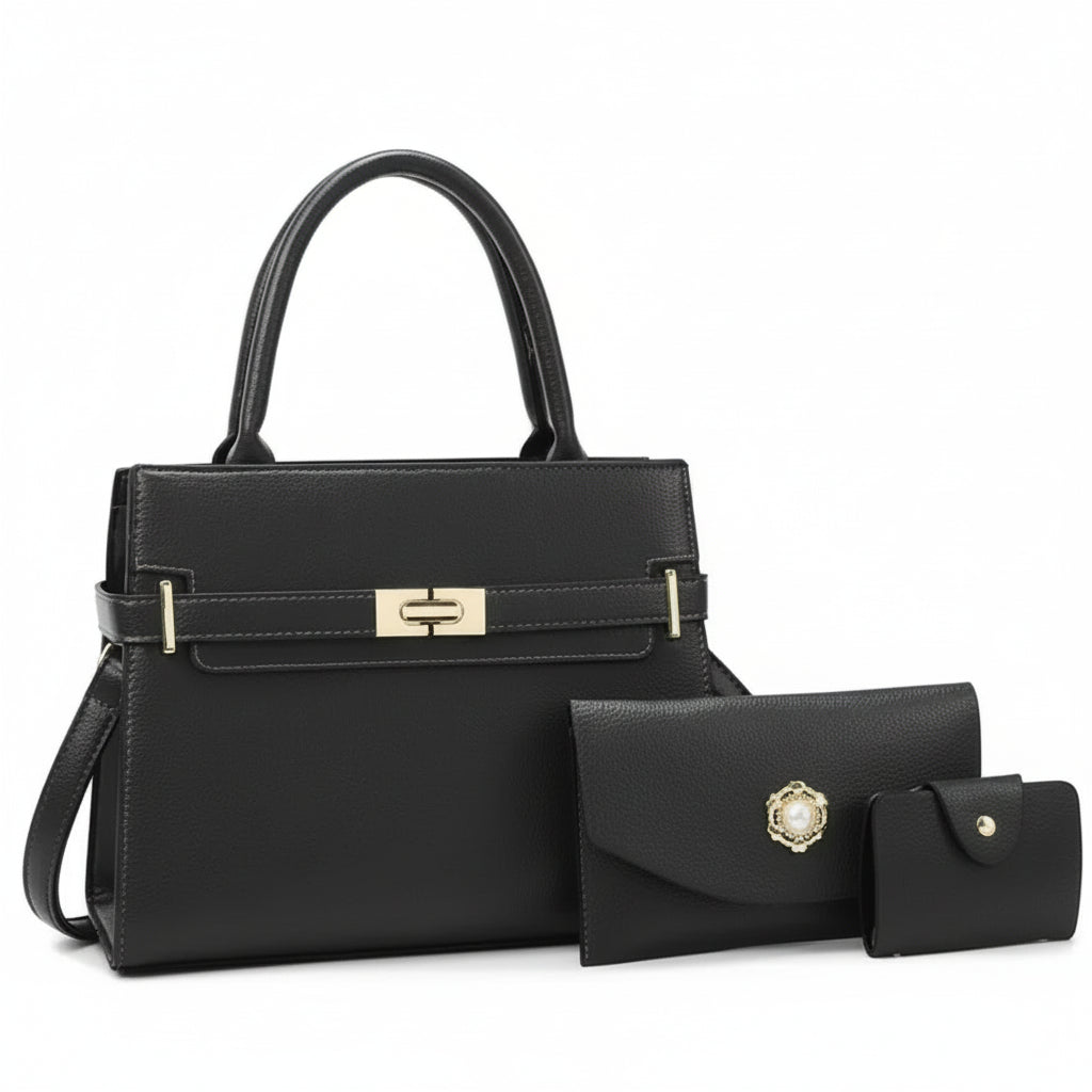 Bolsa Feminina Estruturada em Couro - Conjunto com 3 Peças