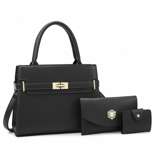 Bolsa Feminina Estruturada em Couro - Conjunto com 3 Peças