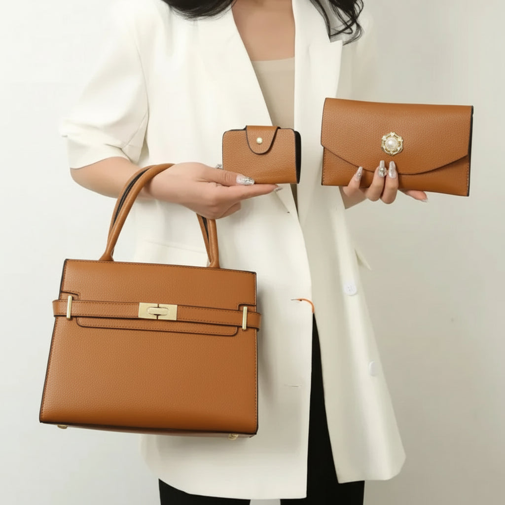 Bolsa Feminina Estruturada em Couro - Conjunto com 3 Peças