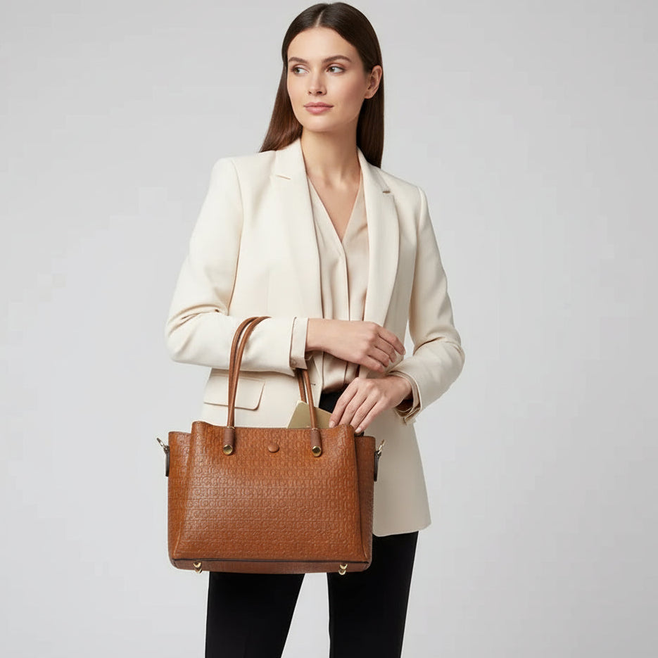 Bolsa Feminina Estruturada em Couro de Mão e Transversal