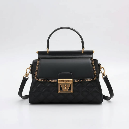 Bolsa Feminina Estruturada Preta com Alça Tiracolo e Detalhes Dourados