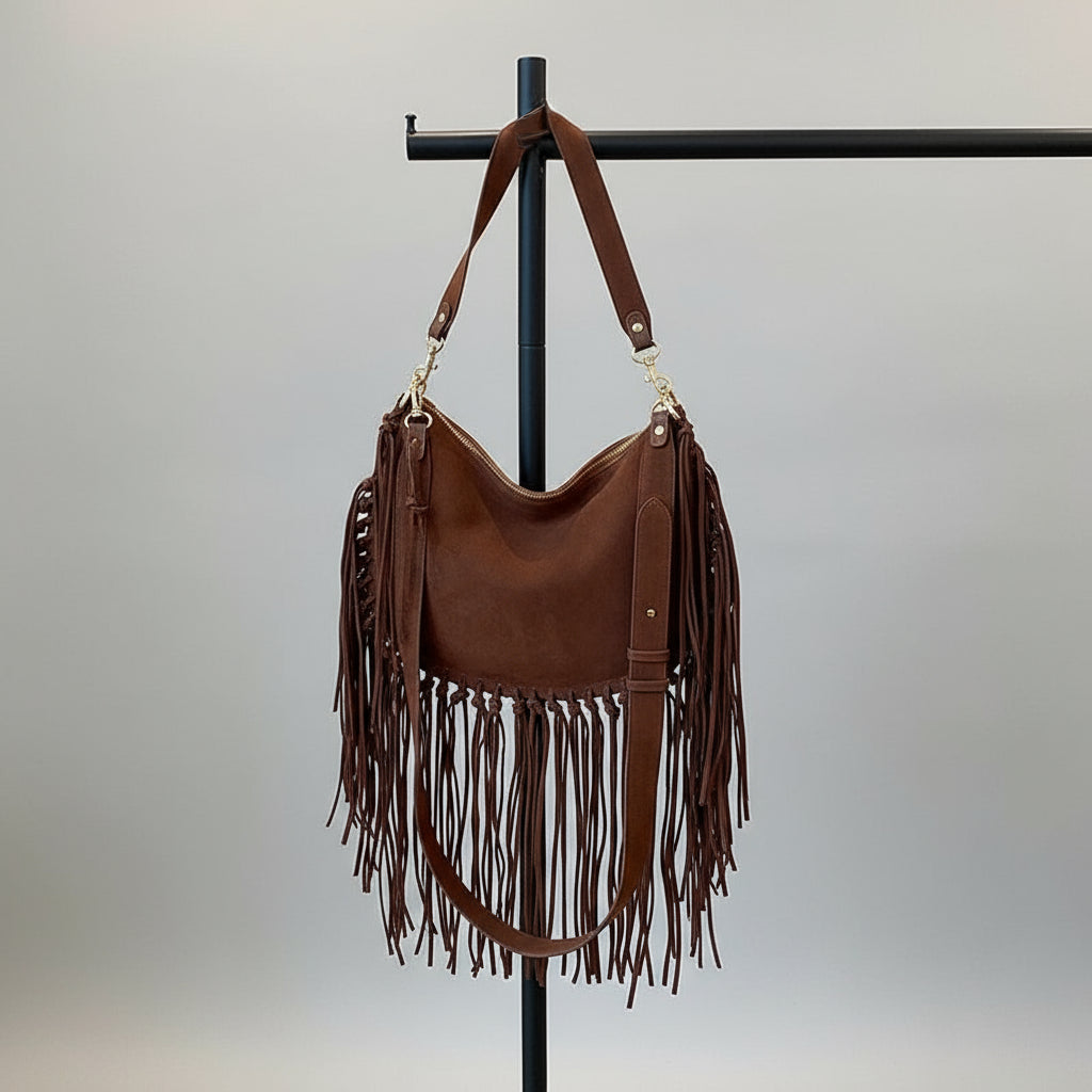Bolsa Feminina de Franjas em Camurça Marrom
