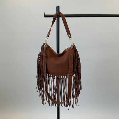 Bolsa Feminina de Franjas em Camurça Marrom