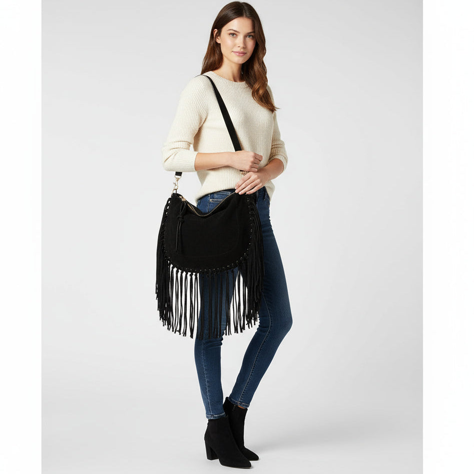 Bolsa Feminina de Franjas em Camurça