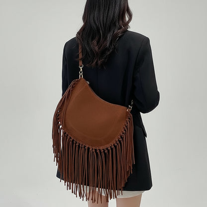 Bolsa Feminina de Franjas em Camurça Marrom