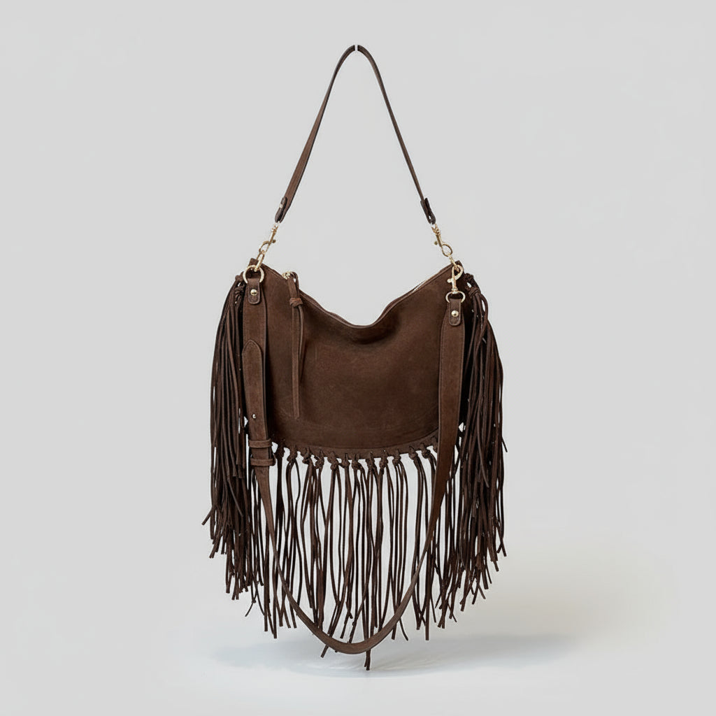 Bolsa Feminina de Franjas em Camurça Marrom
