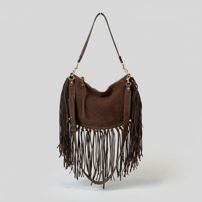 Bolsa Feminina de Franjas em Camurça Marrom