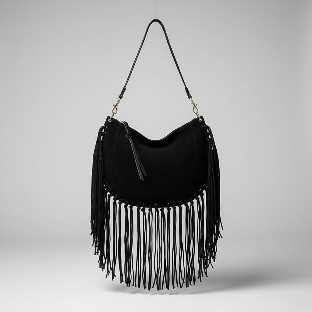 Bolsa Feminina de Franjas em Camurça Preta