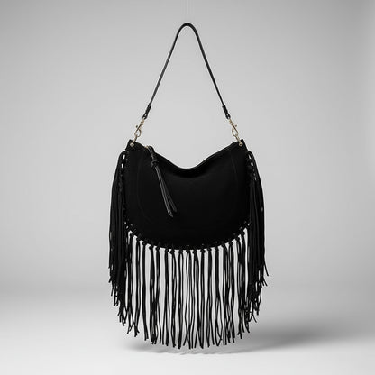Bolsa Feminina de Franjas em Camurça Preta
