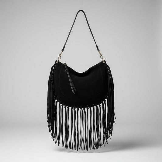 Bolsa Feminina de Franjas em Camurça Preta