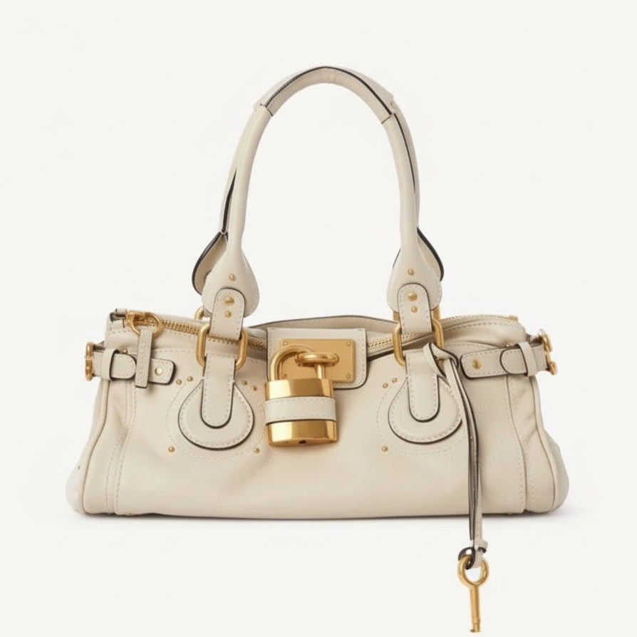 Bolsa Feminina de Mão em Couro com Detalhes Dourados