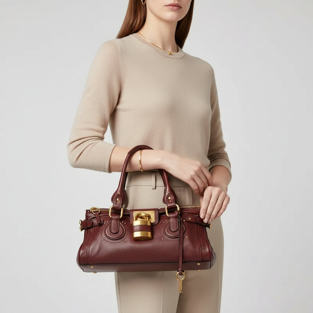 Bolsa Feminina de Mão em Couro com Detalhes Dourados