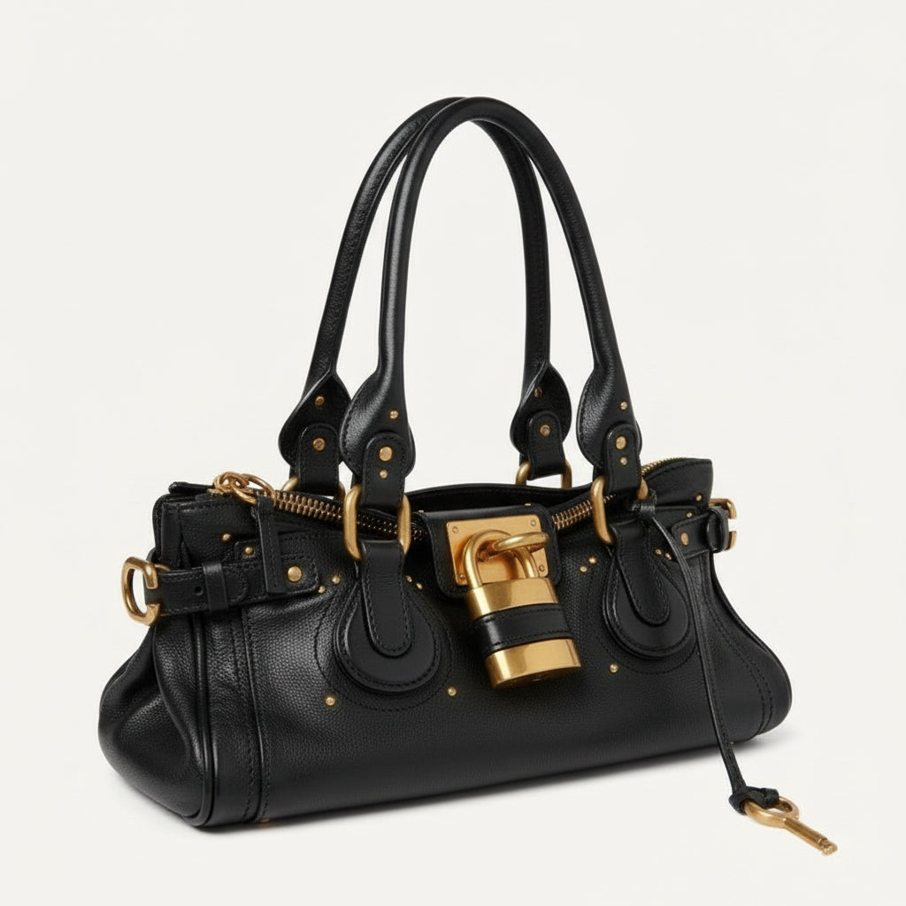 Bolsa Feminina de Mão em Couro com Detalhes Dourados