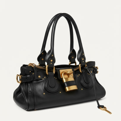 Bolsa Feminina de Mão em Couro com Detalhes Dourados