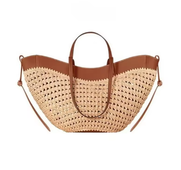 Bolsa Feminina de Palha com Couro Marrom