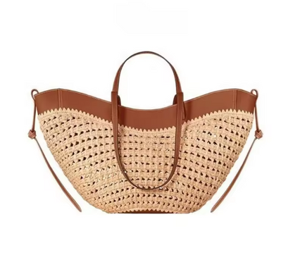 Bolsa Feminina de Palha com Couro Marrom