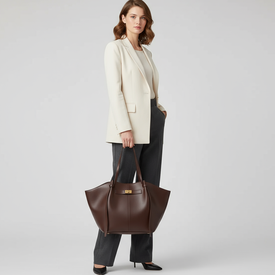 Bolsa feminina estruturada em couro marrom, design moderno e sofisticado. Ideal para o dia a dia.