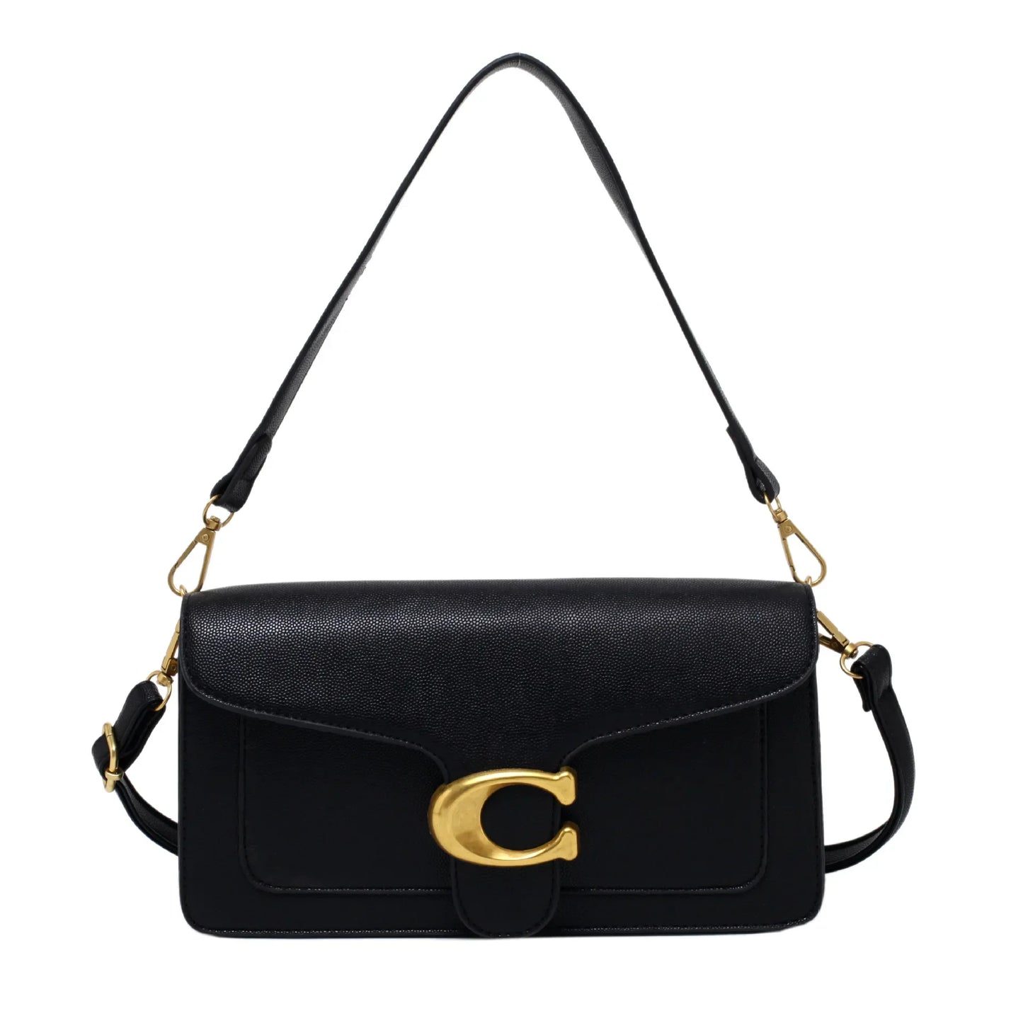 Bolsa feminina transversal preta com fivela dourada e alça ajustável premium