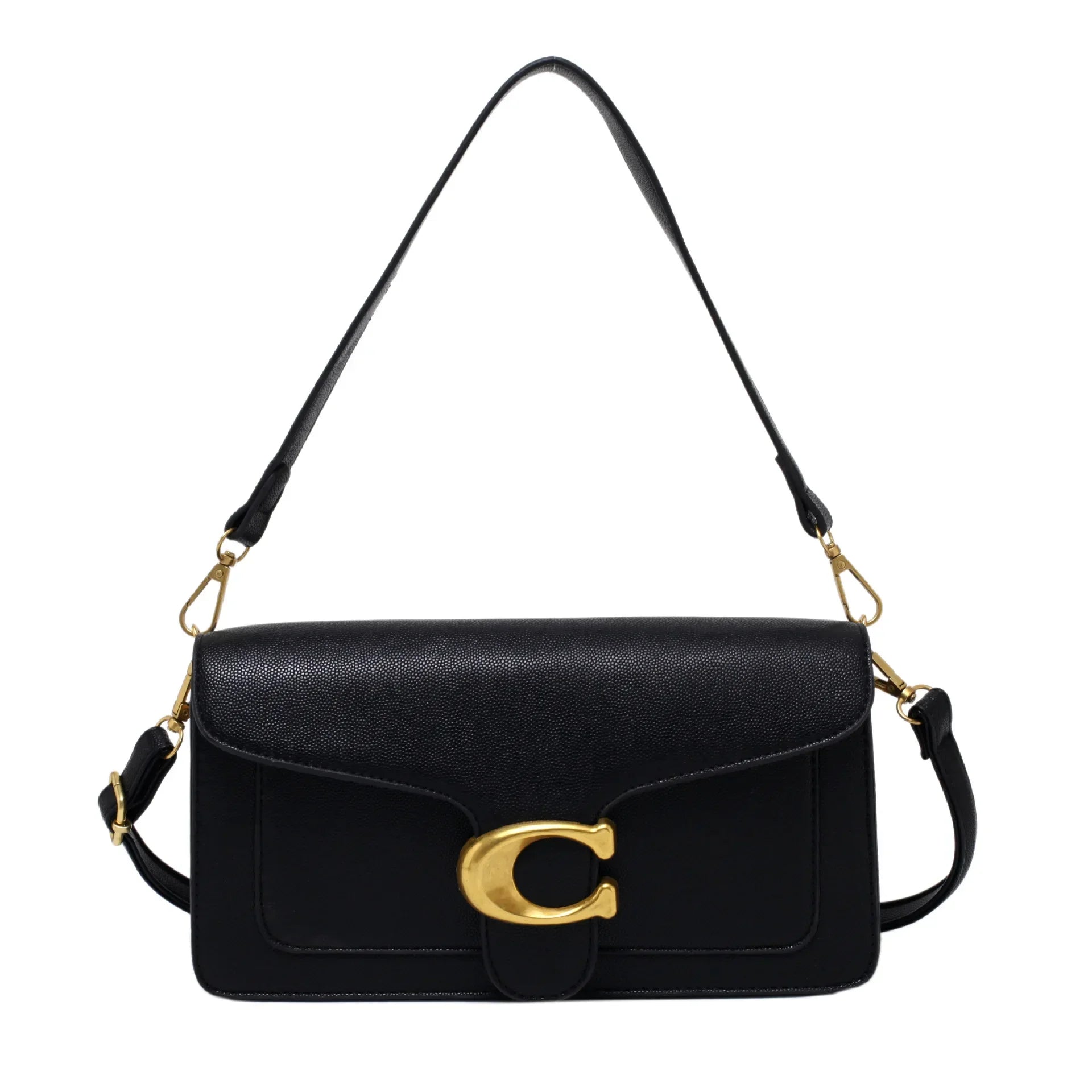 Bolsa feminina transversal preta com fivela dourada e alça ajustável premium