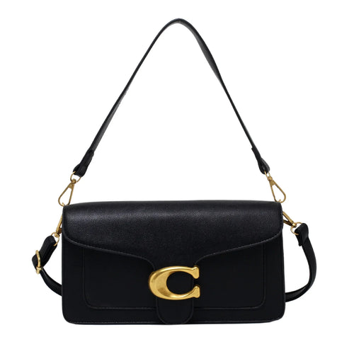 Bolsa feminina transversal preta com fivela dourada e alça ajustável premium