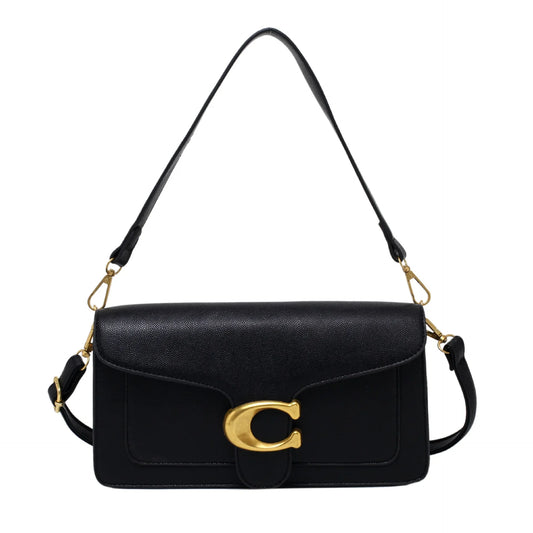 Bolsa feminina transversal preta com fivela dourada e alça ajustável premium