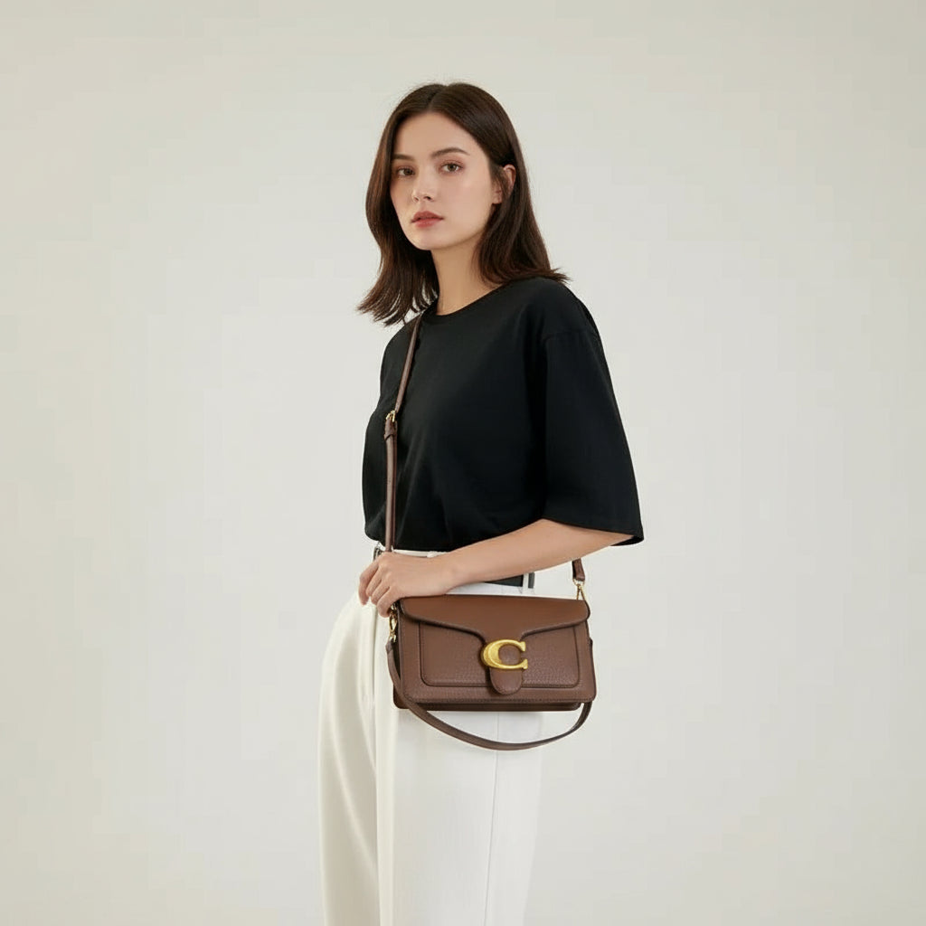 Bolsa feminina transversal marrom com fivela dourada e alça ajustável premium