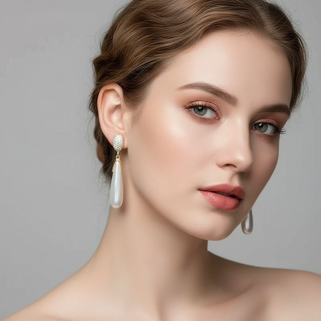 Brinco dourado feminino com pérola alongada e acabamento premium