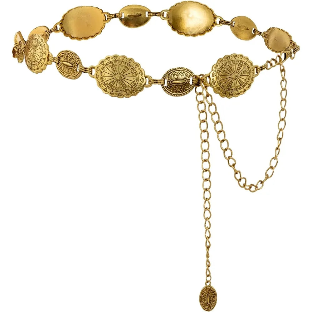 Cinto Corrente Dourado Feminino com Medalhas Decorativas