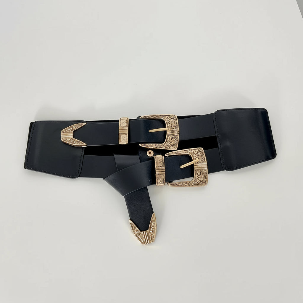 Cinto Feminino Duplo Preto com Fivelas Douradas