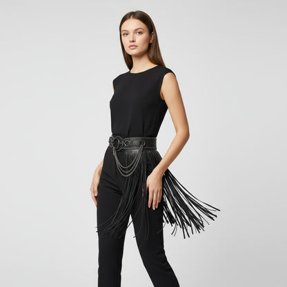 Cinto Preto Feminino com Franjas Longas Estilo Boho em Couro