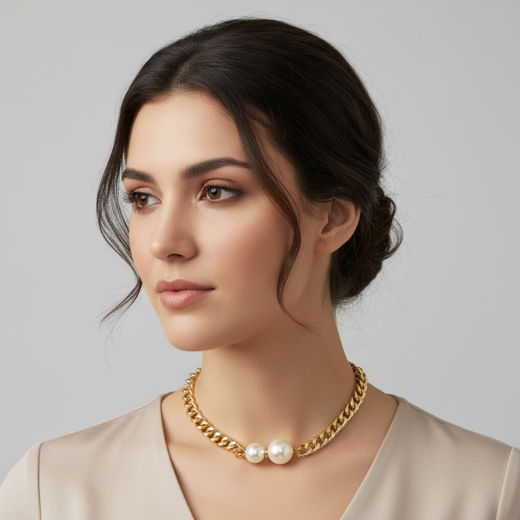 Colar Pérolas e Corrente Dourada – Mistura Moderna e Sofisticada