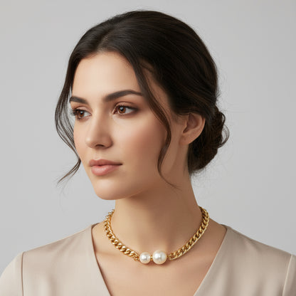 Colar Pérolas e Corrente Dourada – Mistura Moderna e Sofisticada