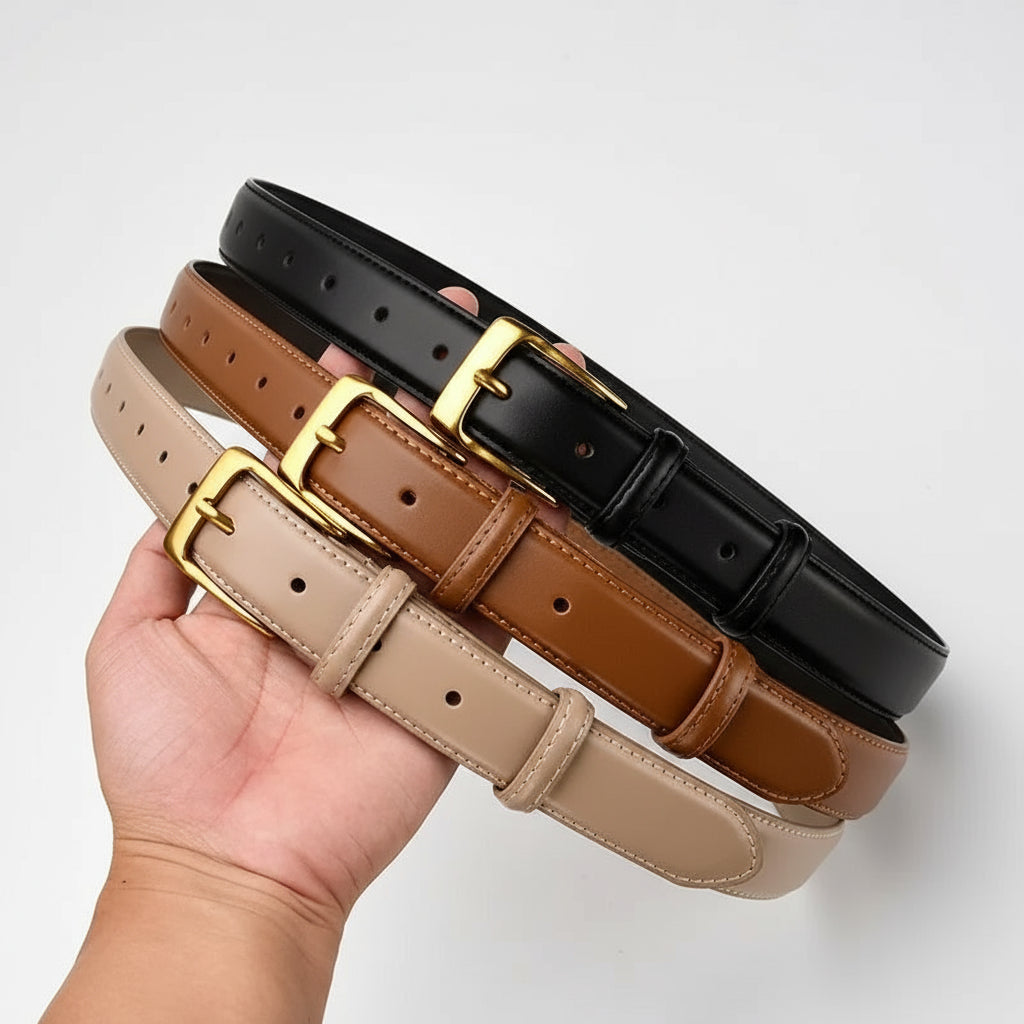 Cinto Feminino Premium em Couro com Fivela Dourada – Ajustável e Elegante