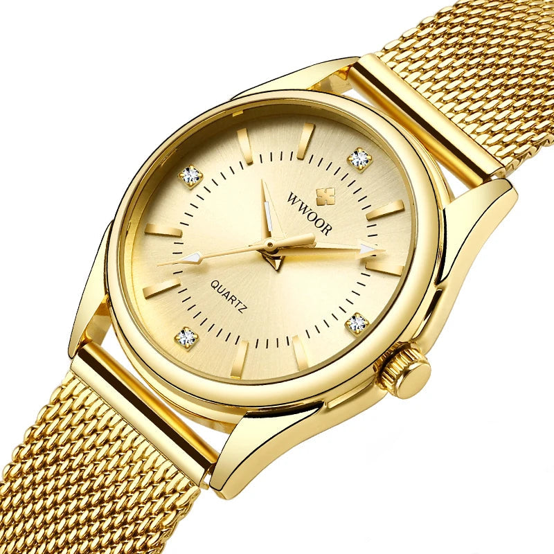 Relógio Feminino Dourado Wwoor com Pulseira de Aço Inoxidável