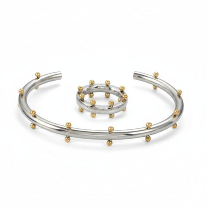 Conjunto Feminino de Bracelete e Anel Prata e Dourado Premium