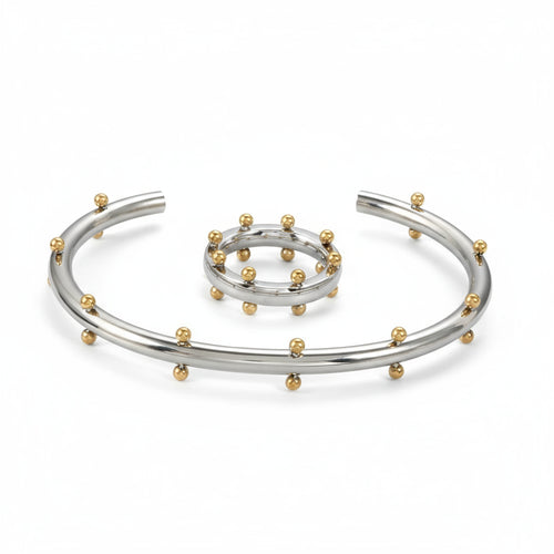 Conjunto Feminino de Bracelete e Anel Prata e Dourado Premium