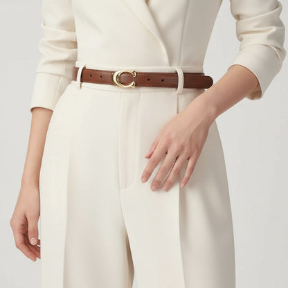 Cinto Feminino de Couro com Fivela Dourada em C