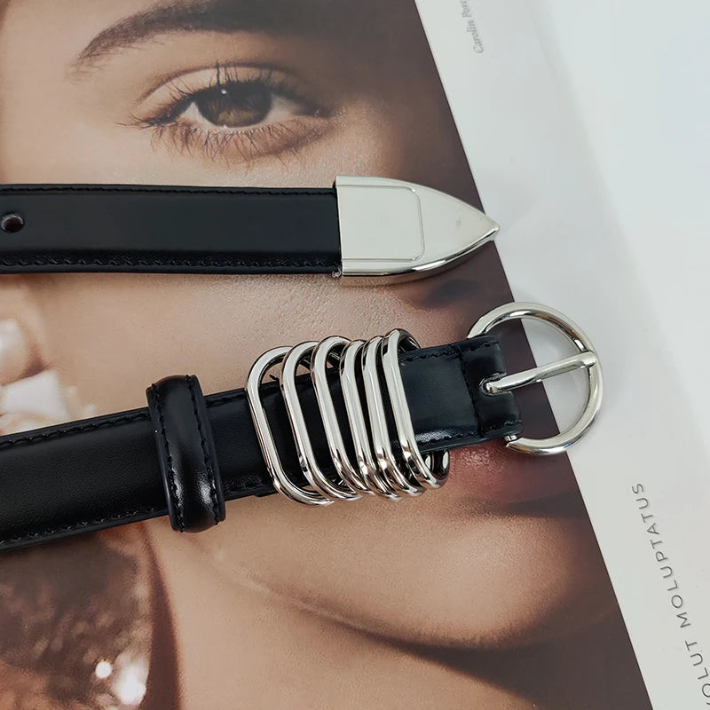 Cinto Feminino Duplo Preto com Fivelas Prateadas