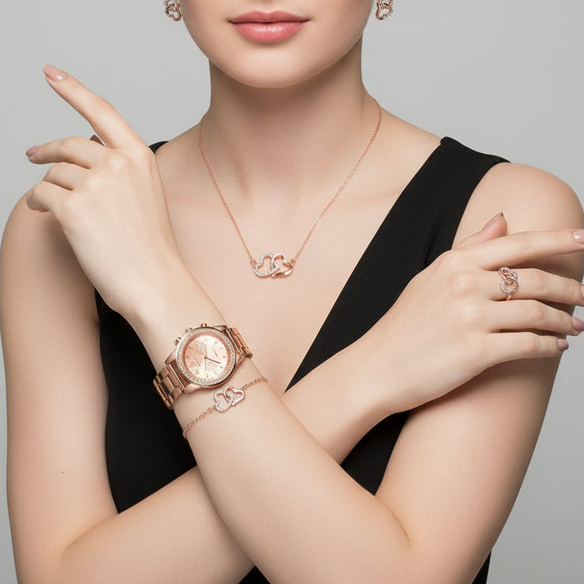 Conjunto Feminino com Relógio, Colar, Brincos, Pulseira e Anel – Premium Elegance