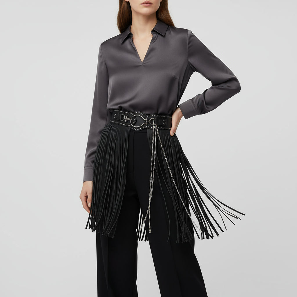 Cinto Preto Feminino com Franjas Longas Estilo Boho em Couro
