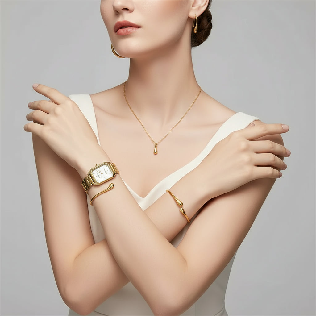 Conjunto de Relógio Feminino com Colar, Brincos, Pulseira e Anel