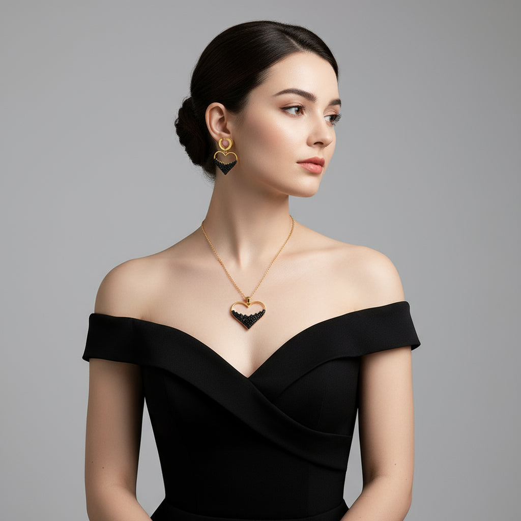 Conjunto Feminino de Colar e Brincos Banhados a Ouro de Coração