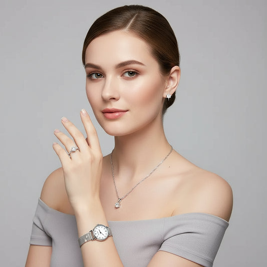 Conjunto Feminino de Relógio Prata Elegance com Colar, Brincos, Pulseira e Anel