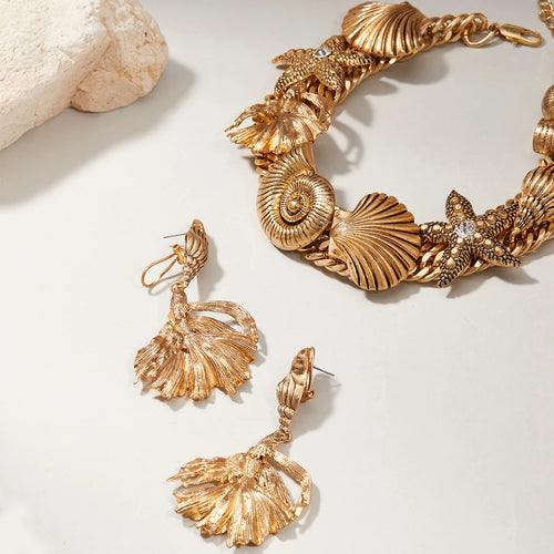 Conjunto Feminino de Colar e Brinco com Conchas e Estrela-do-Mar Marine